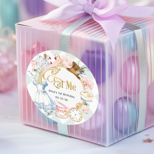 Adesivo Redondo Alice Onderland, Coma-Me, Aniversário (Teal, alice onederland, eat me , birthday favor sticker)