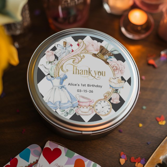 Adesivo Redondo Alice Onederland, primeiro aniversario obrigado vo (Girl 1st birthday onederland, thank you sticker)