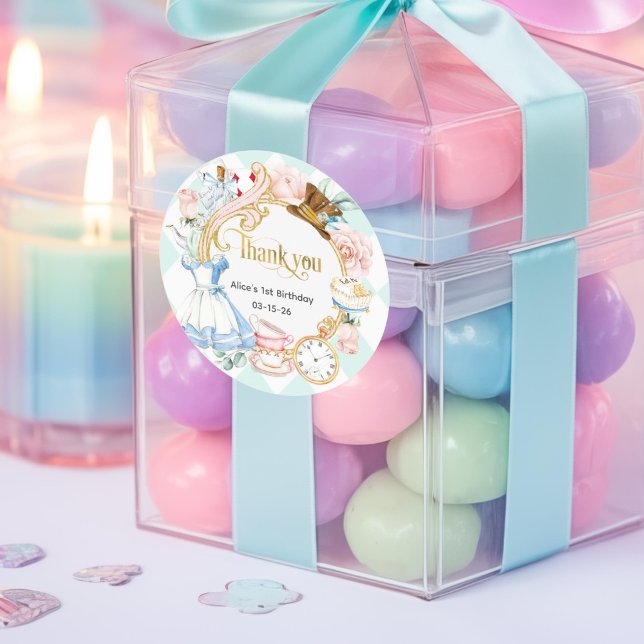 Adesivo Redondo Alice Onederland, Teal, Obrigado, favor de anivers (Teal, Alice Onederland thank you sticker)