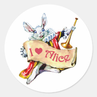 Adesivo Redondo Alice's White Rabbit diz: "Eu amo Alice"
