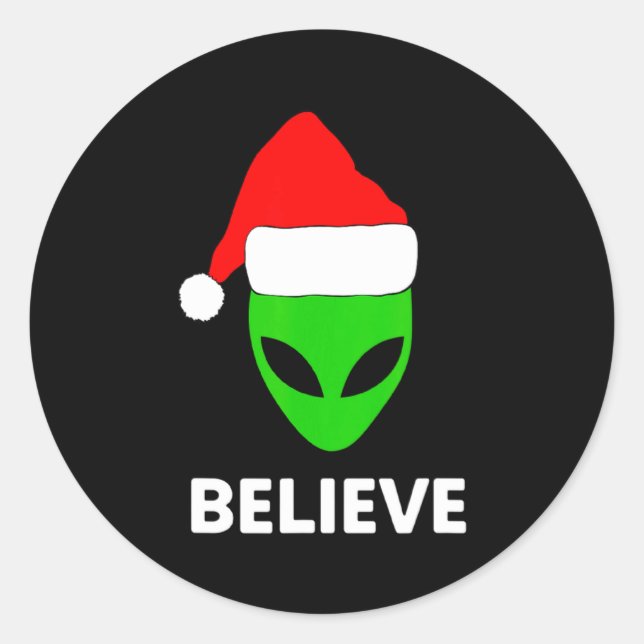Adesivo Redondo Alien Green Face Christmas Santa Hat Believe  (Frente)