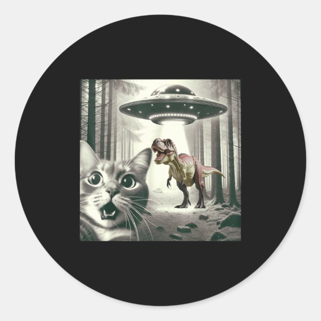 Adesivo Redondo Alien T UFO Selfie Dinosaur Rex Cat (Frente)