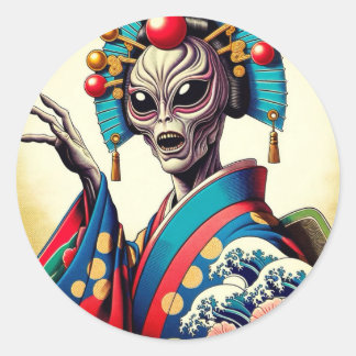 Adesivo Redondo Alien wearing a Japanese kimono シール
