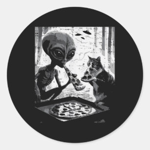 Adesivo Redondo Alienígena E Gato Comendo Pizza Engraçada Comida D