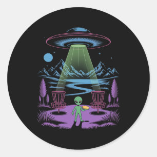 Adesivo Redondo Alienígena Engraçado Jogando Frisbee Ufo Legal Gol