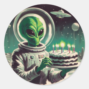 Adesivo Redondo Alienígena Espacial com Bolo de Aniversário Óvni D