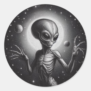 Adesivo Redondo Alienígena Espacial na Ilustração de Ficção Cientí