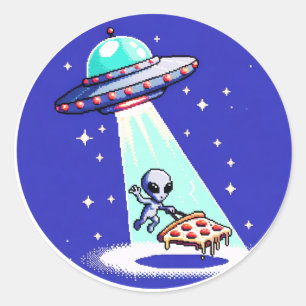 Adesivo Redondo Alienígena Pizza Abdução - Engraçado Pixel Art UFO