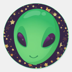 Adesivo Redondo Alienígena Verde Bonita Sobre Estrelas Douradas Di