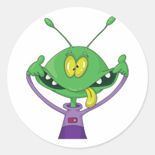 Adesivo Redondo Alienígena Verde Engraçado Fazendo Careta Boba