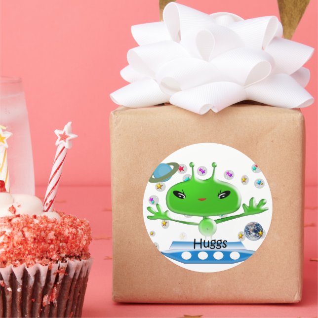 Adesivo Redondo Aliens de Espaço Exterior Verde e Bonito com Embar (Festa)