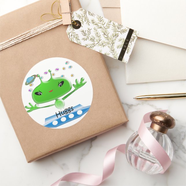 Adesivo Redondo Aliens de Espaço Exterior Verde e Bonito com Embar (Presentear)