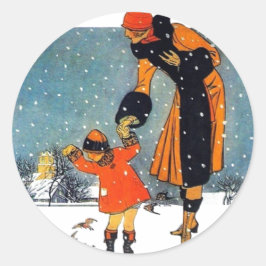 Adesivo Redondo Alimentando aves na neve