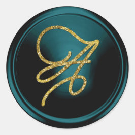 Adesivo Redondo ALL INITIALS Gold Script Monogram Teal Blue