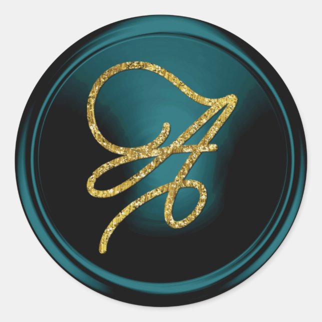 Adesivo Redondo ALL INITIALS Gold Script Monogram Teal Blue (Frente)