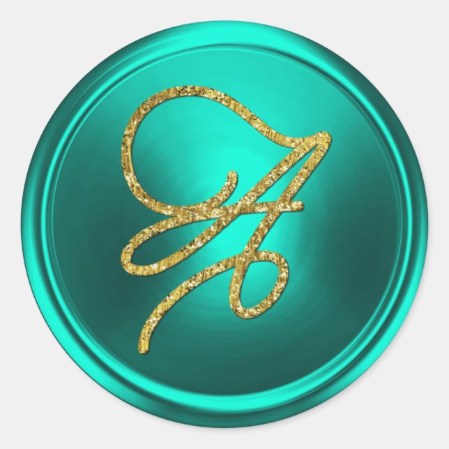 Adesivo Redondo ALL INITIALS Gold Script Monogram Turquoise (Frente)