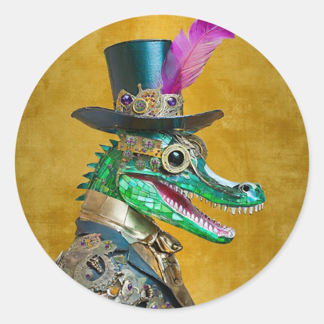 Adesivo Redondo Alligator Animal do Partido Steampunk do Mardi Gra (Frente)