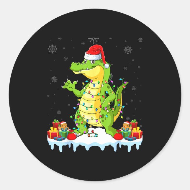 Adesivo Redondo Alligator Wearing Xmas Lights Santa Hat Alligator  (Frente)