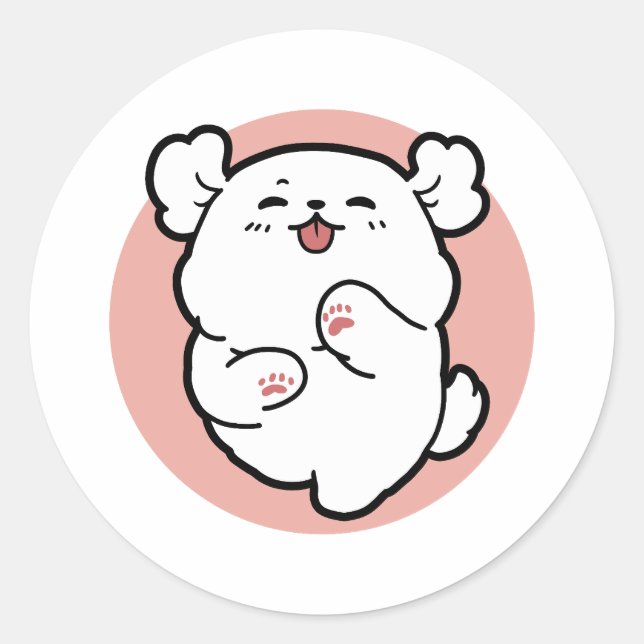 Adesivo Redondo Alô! - Design de Cartoon Feliz de Cachorro Branco (Frente)