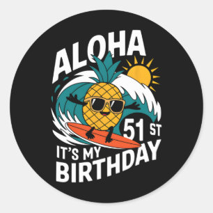 Adesivo Redondo Aloha 51º Aniversário Havaí Abacaxi Surf Tropical