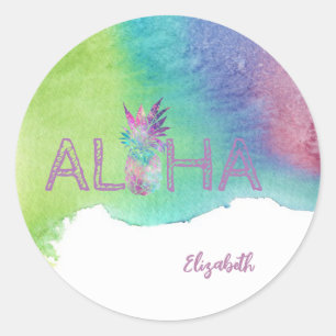 Adesivo Redondo Aloha Abacaxi Havaiano, Borrifo de Aquarela