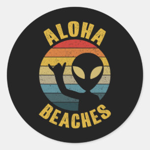 Adesivo Redondo Aloha Beaches Funny Retro Hawaii Shaka Alienígena 
