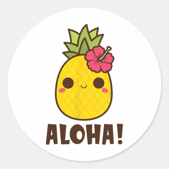 Adesivo Redondo Aloha Beaches Kawaii Cute Pineapple Hawaii Havaii (Frente)