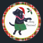 Adesivo Redondo Aloha Black Labrador Christmas Santa Hat Tartan<br><div class="desc">Brincadeira e engraçada pintura Labrador Retriever pintada por Naomi Ochiai, do Japão. Um Labrador Negro Engraçado está dançando Hula com chapéu de Papai Noel! Bonitos itens de presentes de Natal para fãs do Black Labrador! Você pode personalizar texto e muito mais! Também temos Aloha Black Labrador design. :) Visite a...</div>