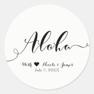 Adesivo Redondo ALOHA Black Script Chic Hawaiian Luau White Favor