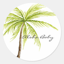 Adesivo Redondo Aloha Chá de fraldas Palm Tree Island Beach Tropic