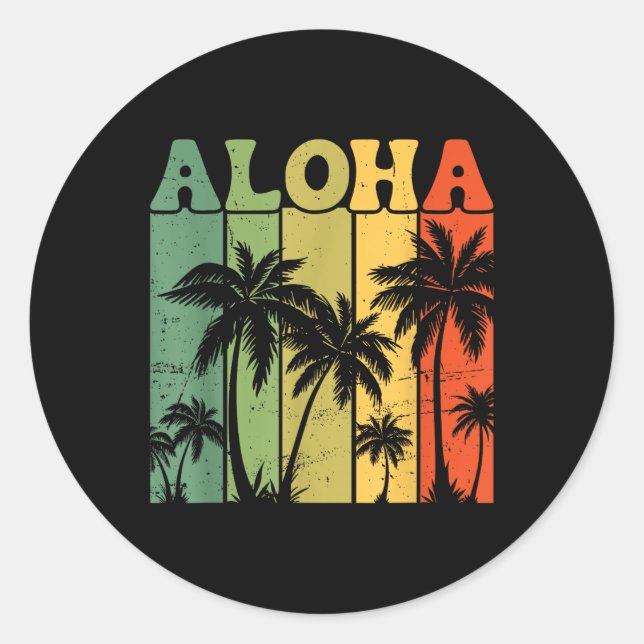 Adesivo Redondo Aloha Hawaiian Island Palm Trees Surfboard Beach H (Frente)