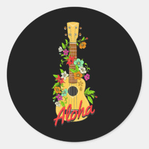 Adesivo Redondo Aloha Hawaiian Island Ukulele Flowers Aloha