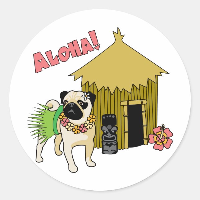 Adesivo Redondo Aloha! Hawaiian Pug Stickers (Frente)