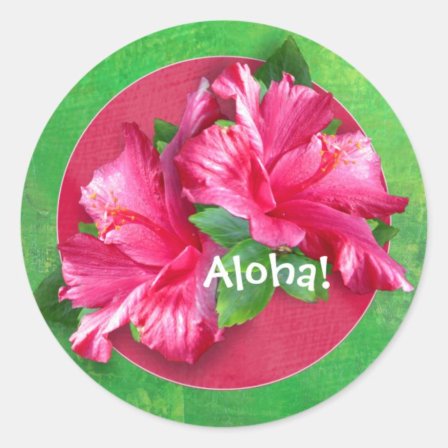 Adesivo Redondo Aloha Hibiscus Stickers, Rosa Havaiano (Frente)