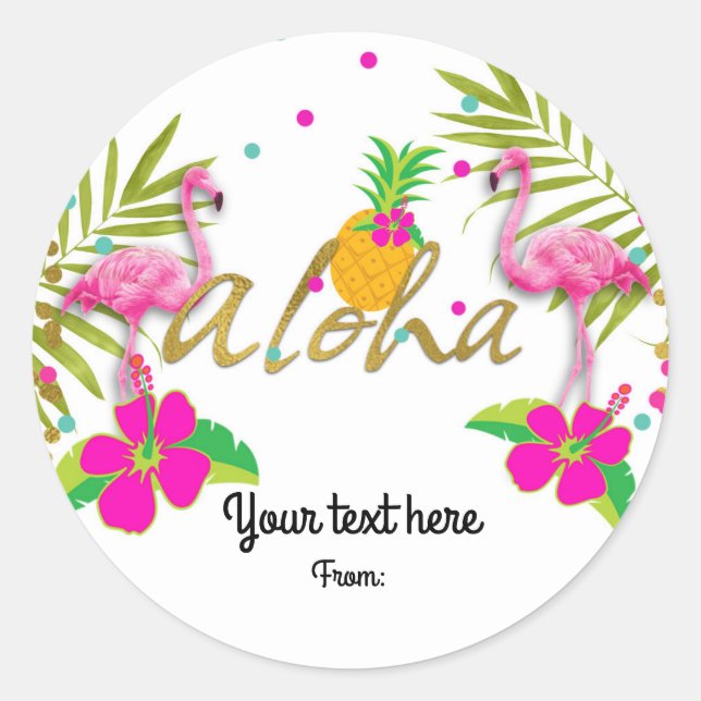 Adesivo Redondo Aloha Luau Girls Tropical Flamingo Party Favor (Frente)