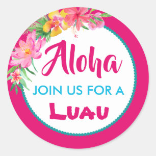 Adesivo Redondo Aloha Luau Rosa Hibisco Tropical