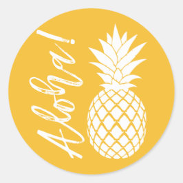 Adesivo Redondo Aloha Pineapple Beach Weding Luau | branco amarelo