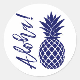 Adesivo Redondo Aloha Pineapple Beach Weding Luau | marinho branco