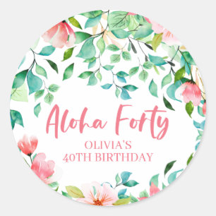 Adesivo Redondo Aloha Quarenta Tropical Luau Birthday