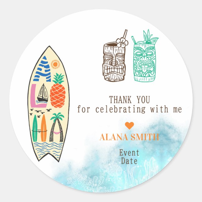 Adesivo Redondo Aloha TIKI Surfboard Tropical Luau Partido Havaian (Frente)