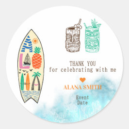 Adesivo Redondo Aloha TIKI Surfboard Tropical Luau Partido Havaian