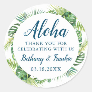 Adesivo Redondo Aloha Tropical Greenery Beach Casamento Obrigado