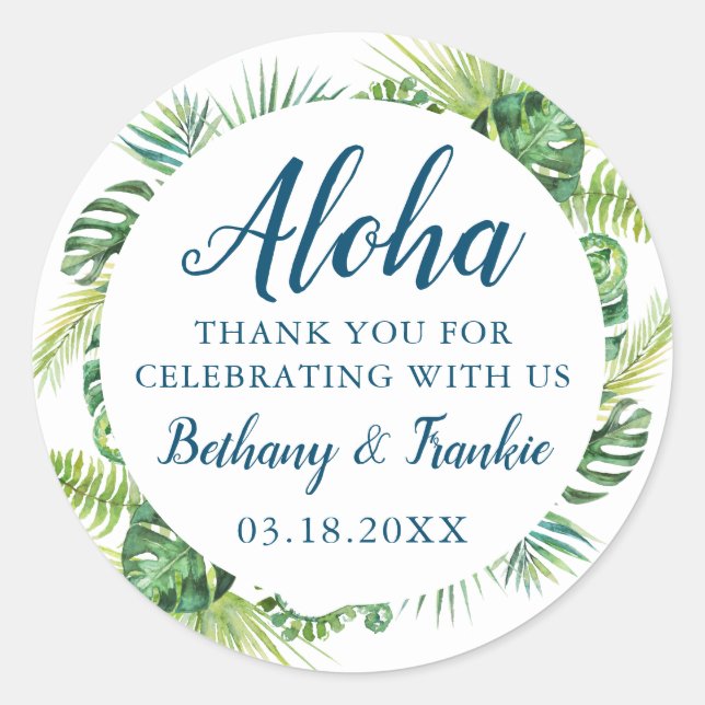 Adesivo Redondo Aloha Tropical Greenery Beach Casamento Obrigado (Frente)