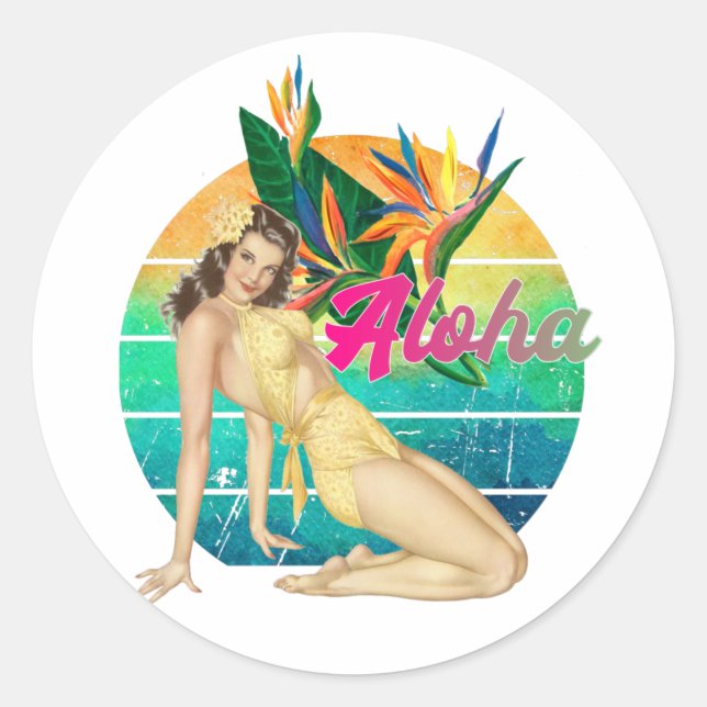 Adesivo Redondo Aloha Tropical Pin-up girl retro sunset art  (Frente)