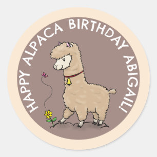 Adesivo Redondo Alpaca castanho bonito com cartoon de aniversário