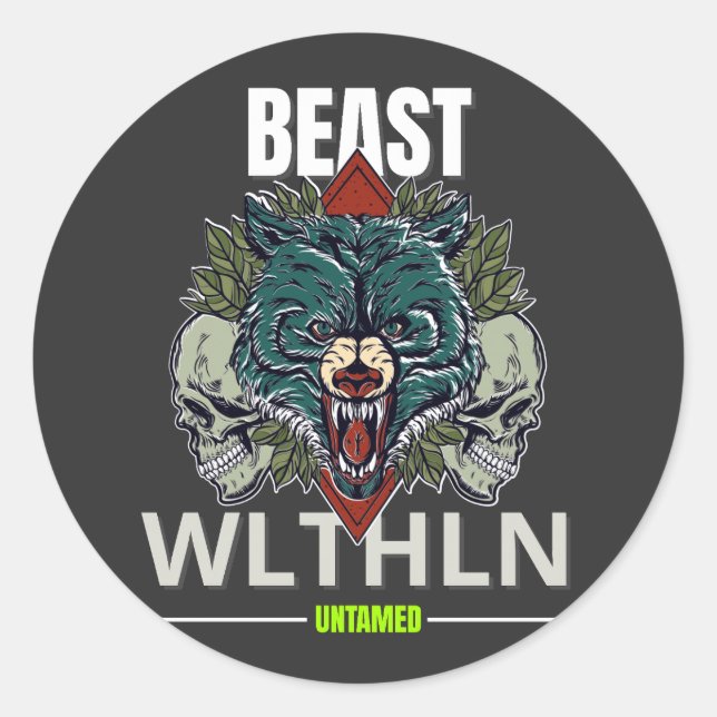 Adesivo Redondo Alpha Beast _ Untamed Wolf Streetwear Fearless  (Frente)
