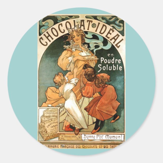Adesivo Redondo Alphonse (Alfons) Mucha Chocolat Ideal (Frente)