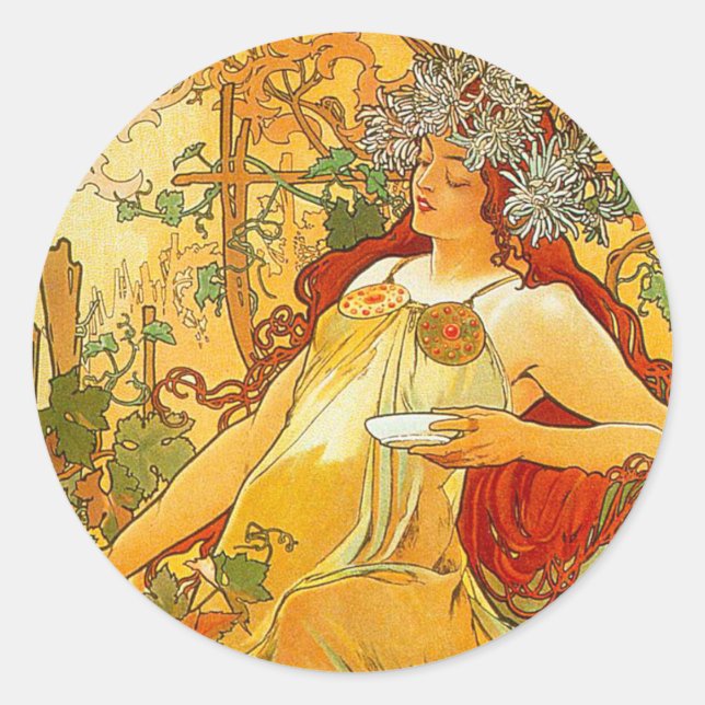 Adesivo Redondo Alphonse Mucha Art Nouveau Autumn (Frente)