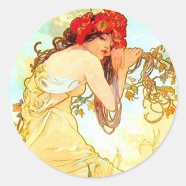 Adesivo Redondo Alphonse Mucha Art Nouveau Summer (Frente)