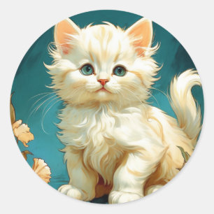 Adesivo Redondo Alphonse Mucha Art Nouveau White Cat